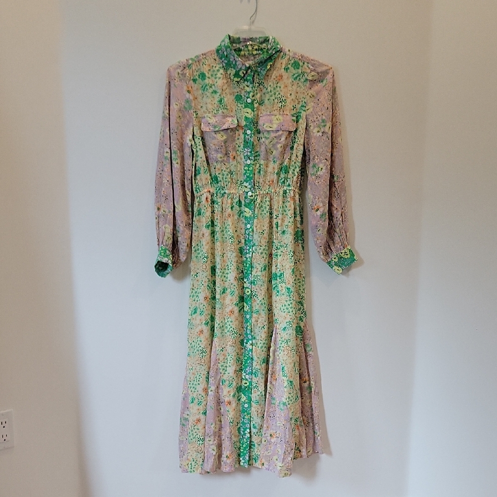 LOFT Green and Purple Floral Godet Dress